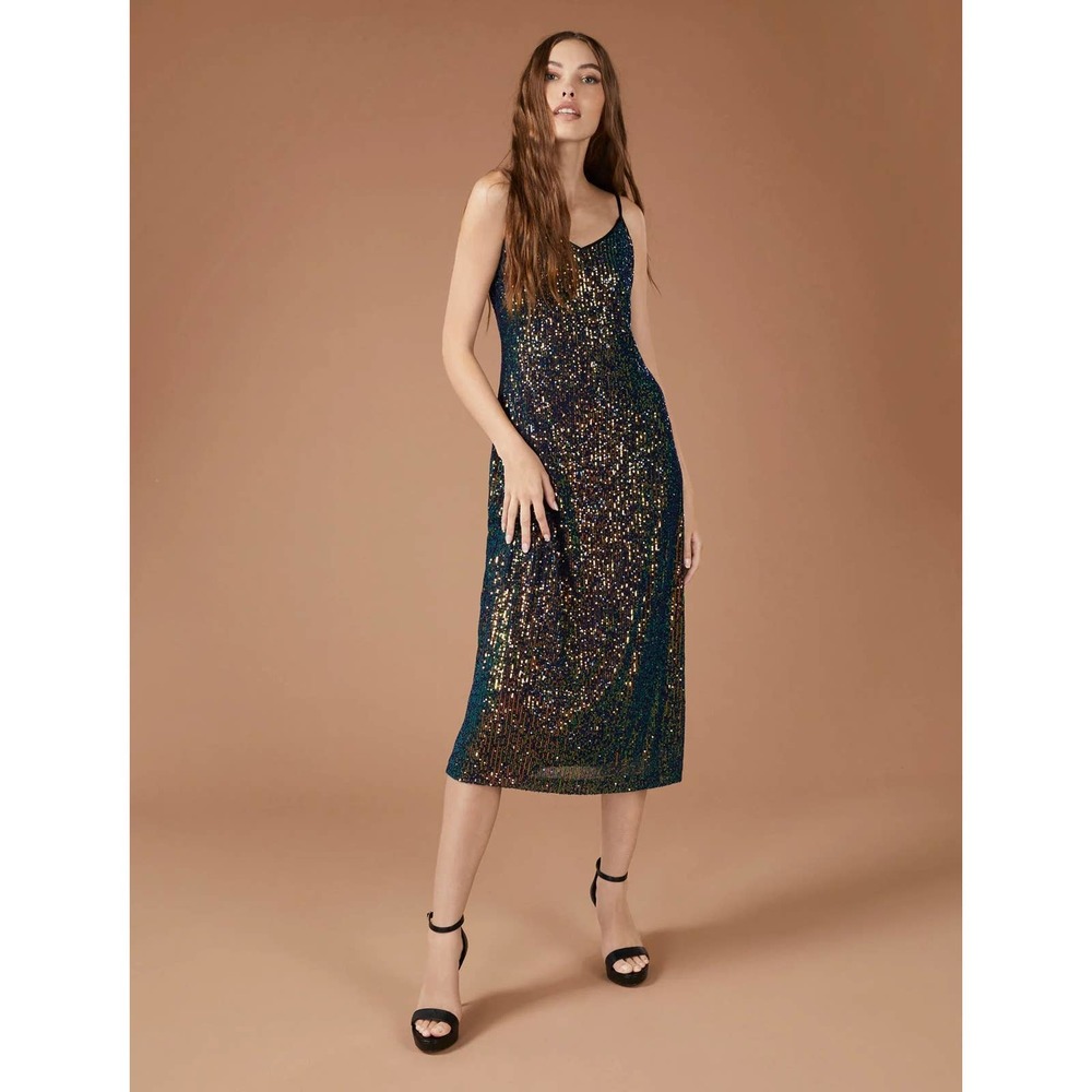 BCBGeneration Sequin Embellished Midi Dress Iridescent Green Women's 0 NWT